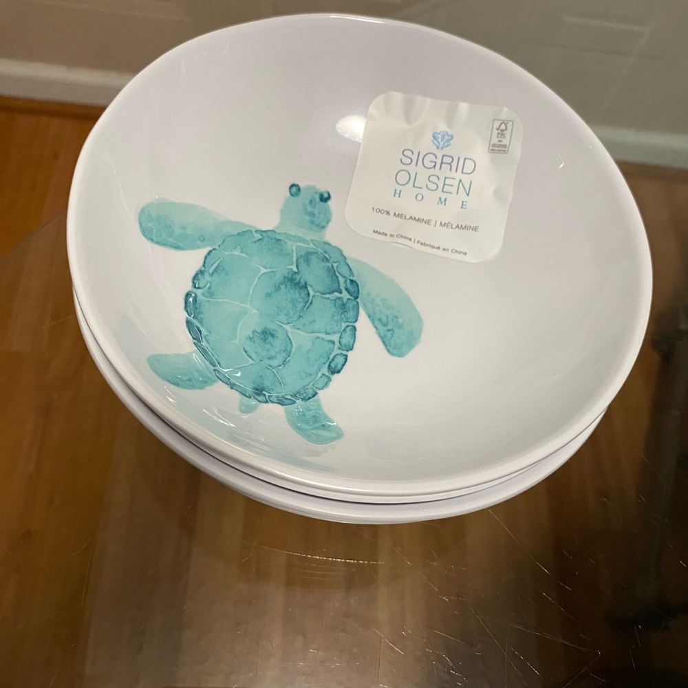 SIGRID OLSEN  4 /Melamine Salad Bowl Set Turquoise Textured Sea Turtle NEW 7.5”